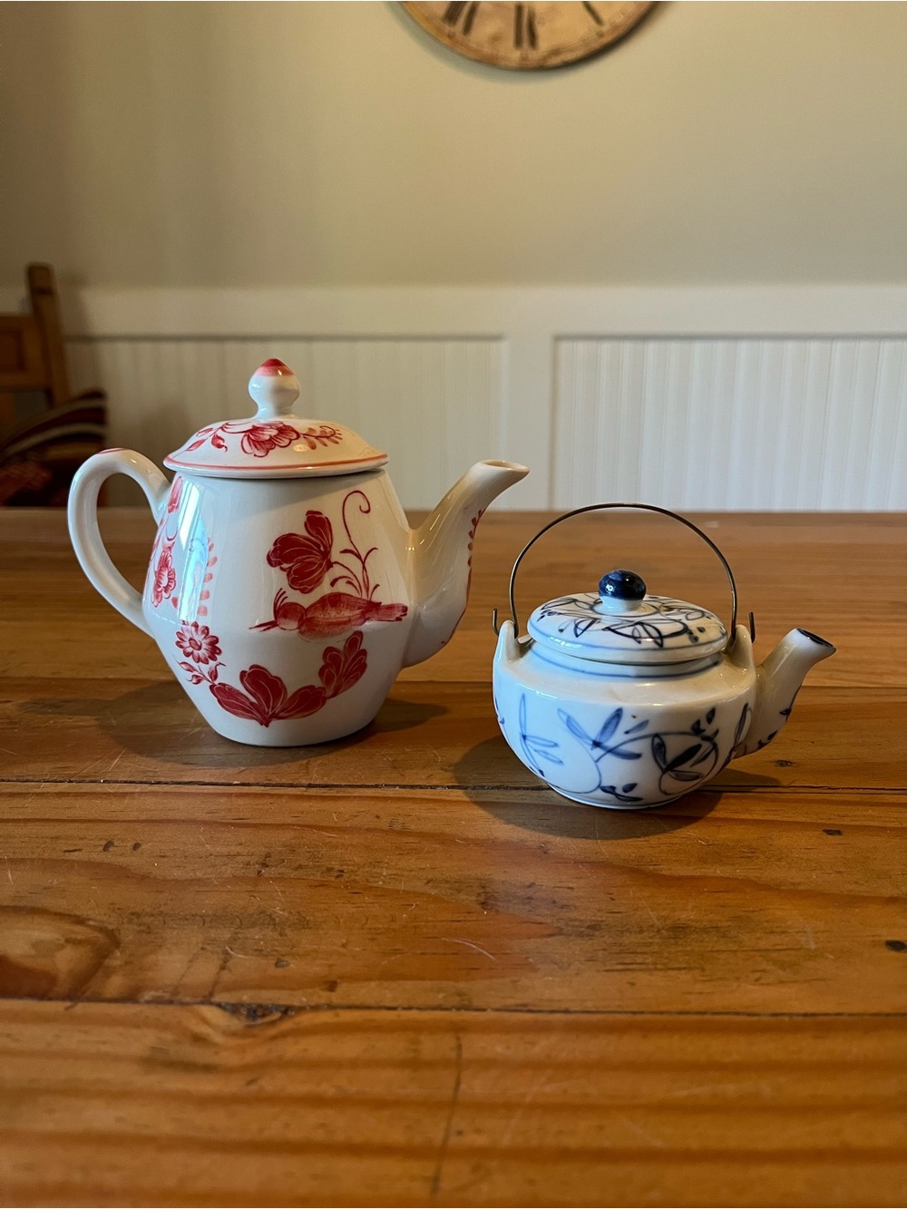 Vintage Red/White & Blue/White Mini Teapots Set of 2